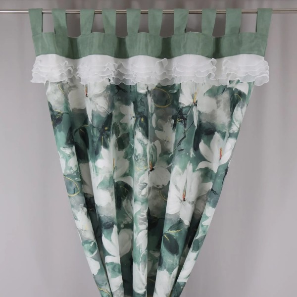Zasłona zielona w kwiaty na szelkach - botaniczny wzór 363 – Zasłony – zdjęcie 1
