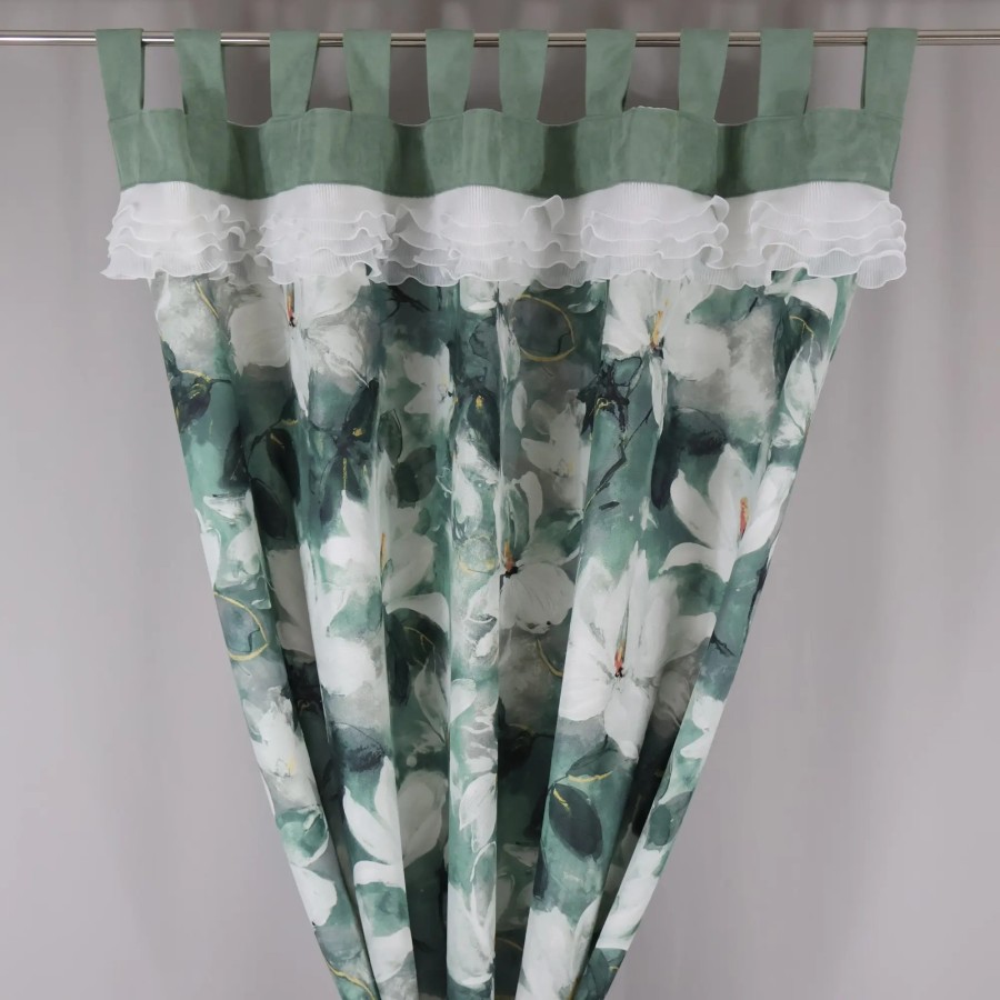 Zasłona zielona w kwiaty na szelkach - botaniczny wzór 363 – Zasłony – zdjęcie 1