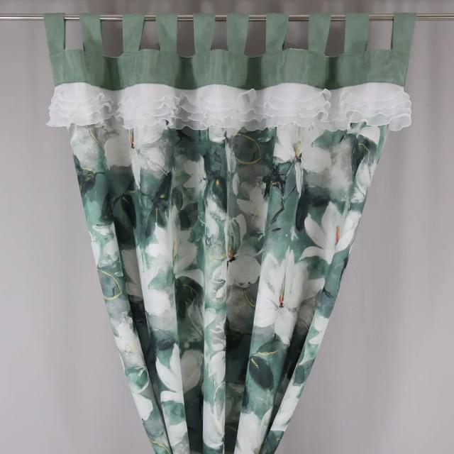 Zasłona zielona w kwiaty na szelkach - botaniczny wzór 363 – Zasłony – zdjęcie 1