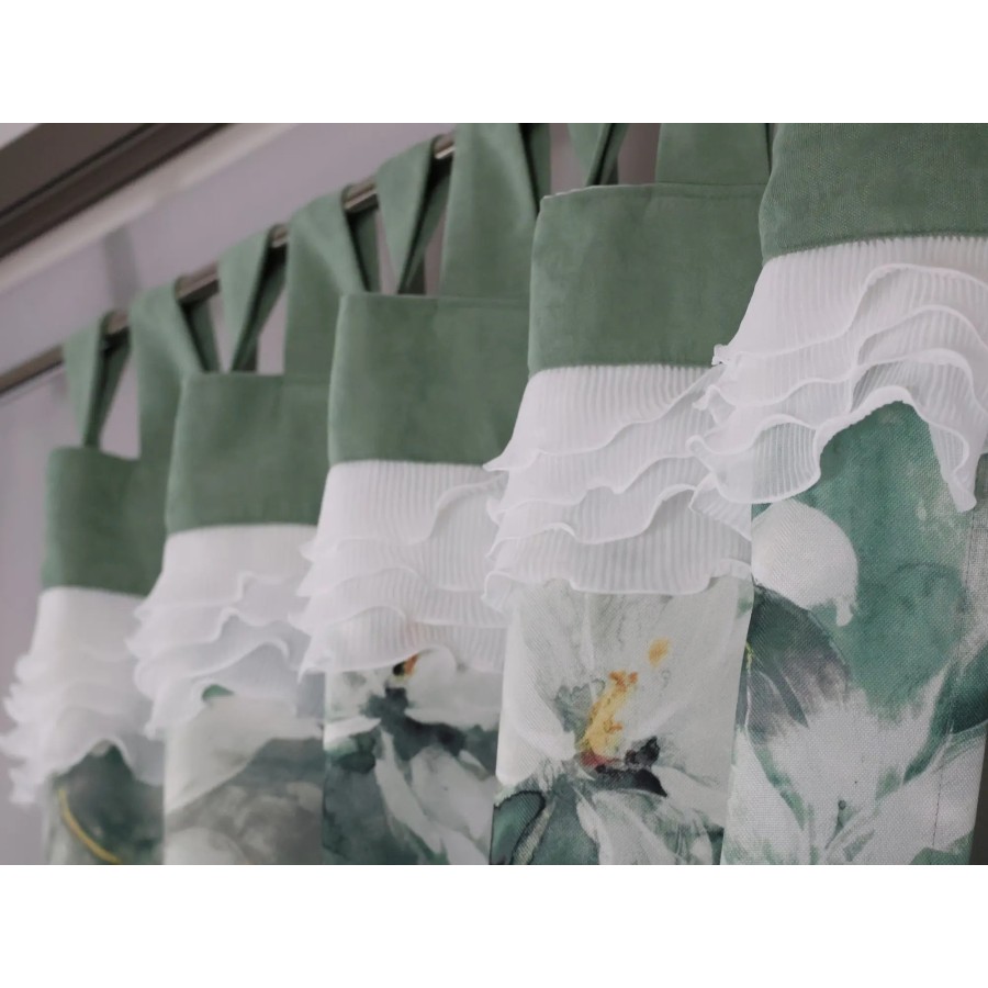Zasłona zielona w kwiaty na szelkach - botaniczny wzór 363 – Zasłony – zdjęcie 4