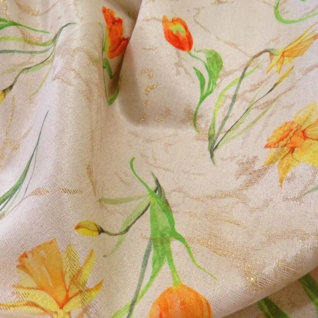 Tkanina tulipany żonkile połyskująca złoty 092 – Na metry – zdjęcie 1